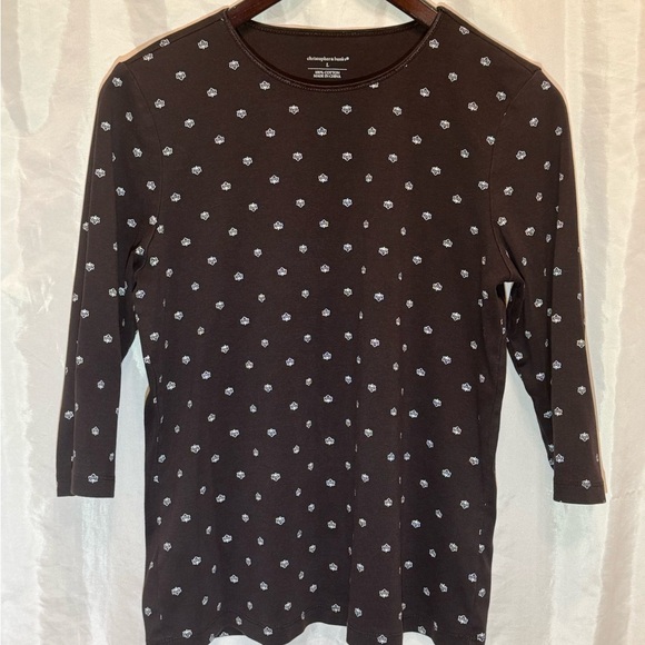 Christopher & Banks Dark Brown Leaf Print 3/4 Sleeve Cotton Tee - Size Large - Picture 2 of 7